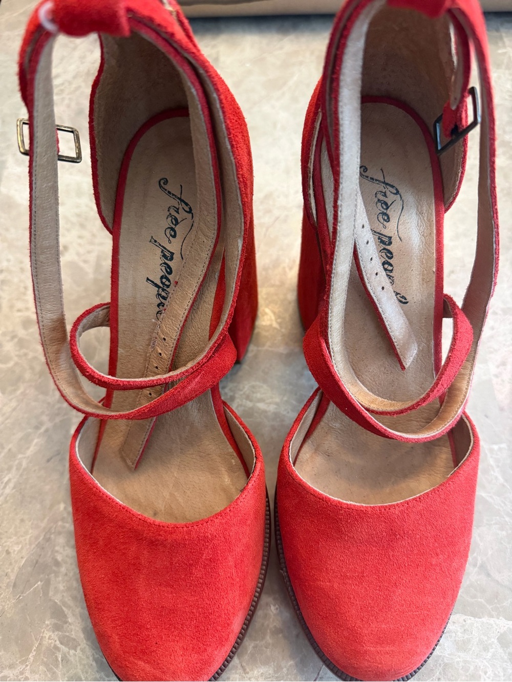 Free People Red Suede Cross-Strap Block Heels (No Box)